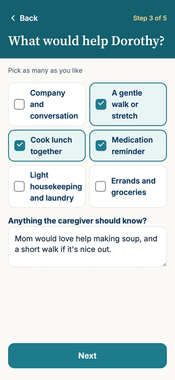 The real Caring Companions app: pick what would help on the visit (sample information)