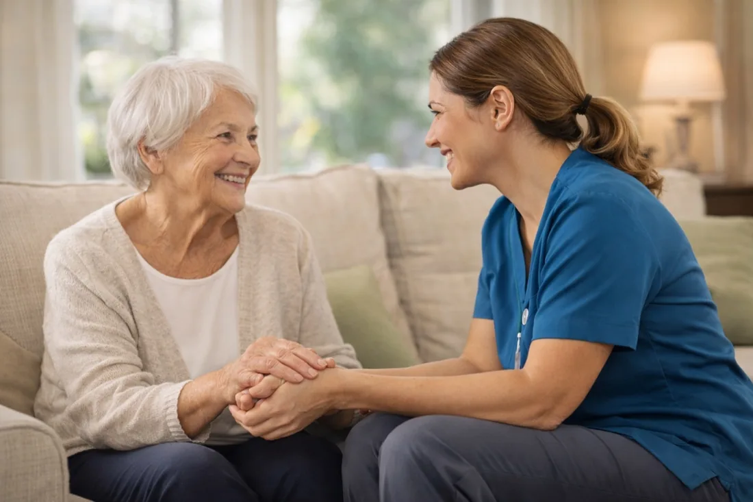A Caring Companions caregiver holding hands and laughing with a senior client at home